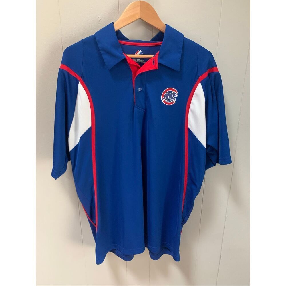 Chicago Cubs Majestic Athletic Mens Blue/red Collared Polo Shirt Size L